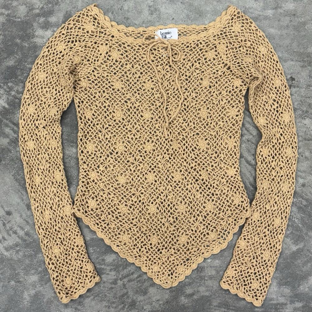 Vintage Boho Full Knit Tan Cottagecore Long Sleeve Top Womens M Bonnie And Bill
